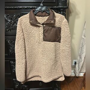 Women’s Tan and Brown Sherpa Pullover Jacket